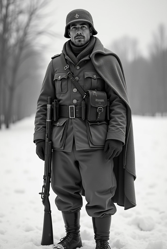 A Countryhuman style face with the flag of the Azerbaijan Legion, founded in Germany during the Second World War and the body fights against the Soviets Countryhuman on a snowy front
Year: 1943
Photo type: black and white and world war 2 version 
Body: Countryhuman Version 