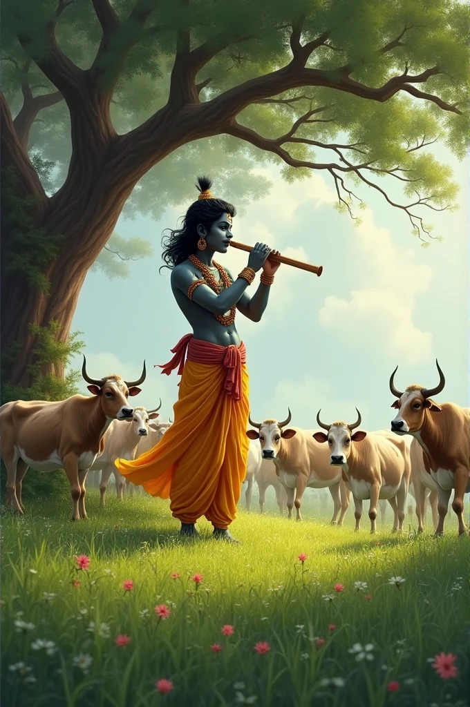 A under the tree Krishna with flute and cow a background is green grass meadow 
