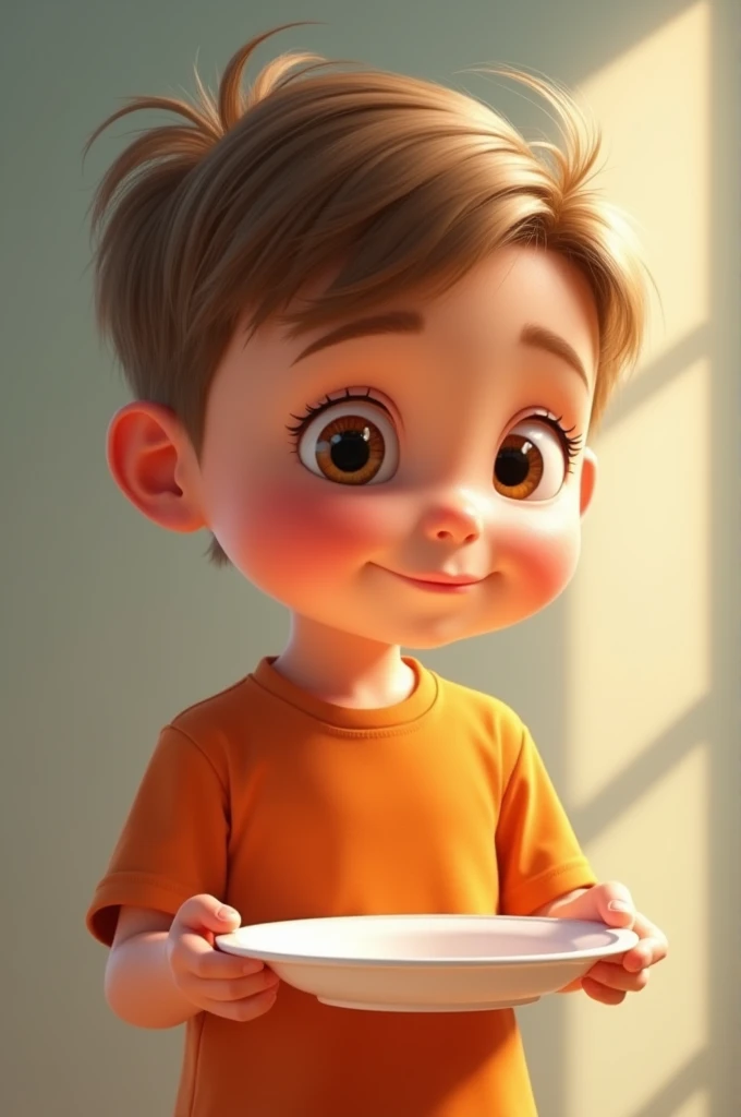  child holding a white plate.Dark blonde hair color. Social haircut combed to the side. honey-colored eyes ,Wearing an orange t-shirt. Pixar-style 
