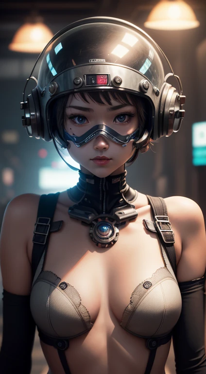 Topic Prompts "atomic heart, Mechanical Girl" as follows: atomic heart,Mechanical Girl,With glass mask,(((Please wear a metal helmet that completely covers your face))),mechanical body parts,Machine Cogs and Gears, [Scrupulous, Surgical precision],Cyberpunk style background,Sci-fi art style,Vibrant colors,High resolution,Very detailed,Realistic lighting effects,Bokeh.