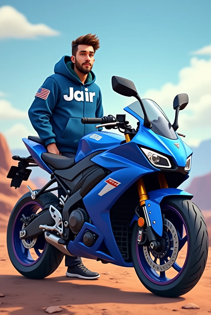 Blue all terrain motorcycle and the owner standing next to it with a jacket that has the name JAIR on it, more animated image with the name jair bigger