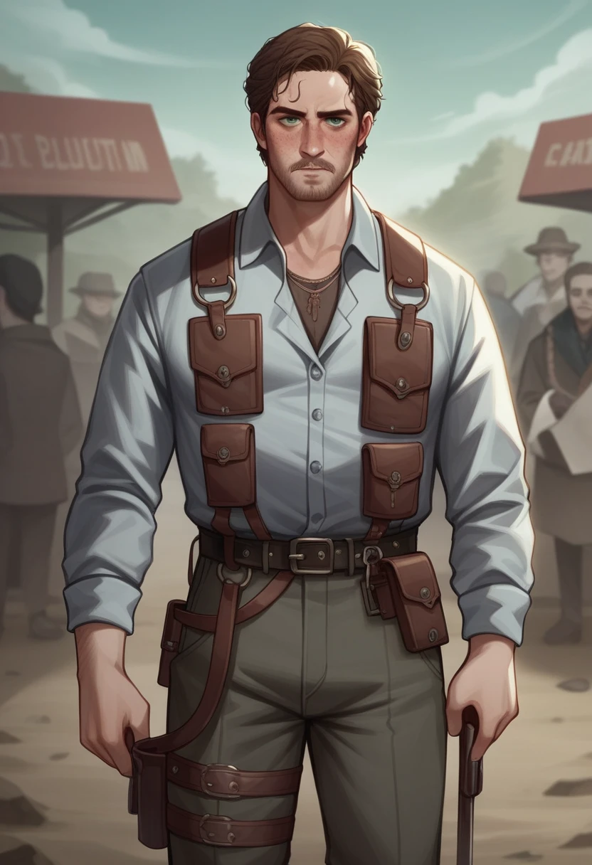 Arthur Morgan de red dead redemption 2, il a 36 ans, il est en plein far west, il porte un chapeau de cowboy noir, une veste beige, une chemine bleue ciel, une ceinture holster, un pantalon marron, et des bottes noir.