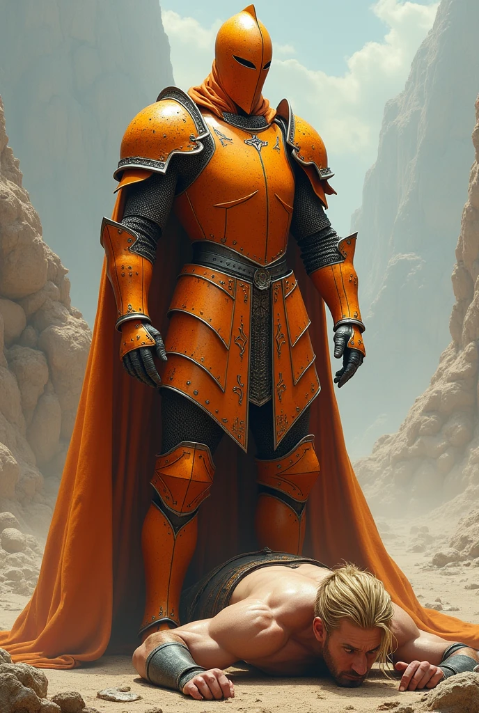 A knight in orange armor and an orange closed helmet stepping on the chest of a muscular blond warrior