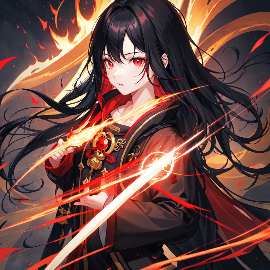 One person, Black Hair, Red eyes, Fire Witch, Blood, Particles of light, light, wallpaper, High Contrast, colorful,Genshin Impact、Ming Chao、dusty、Wuthering Waves