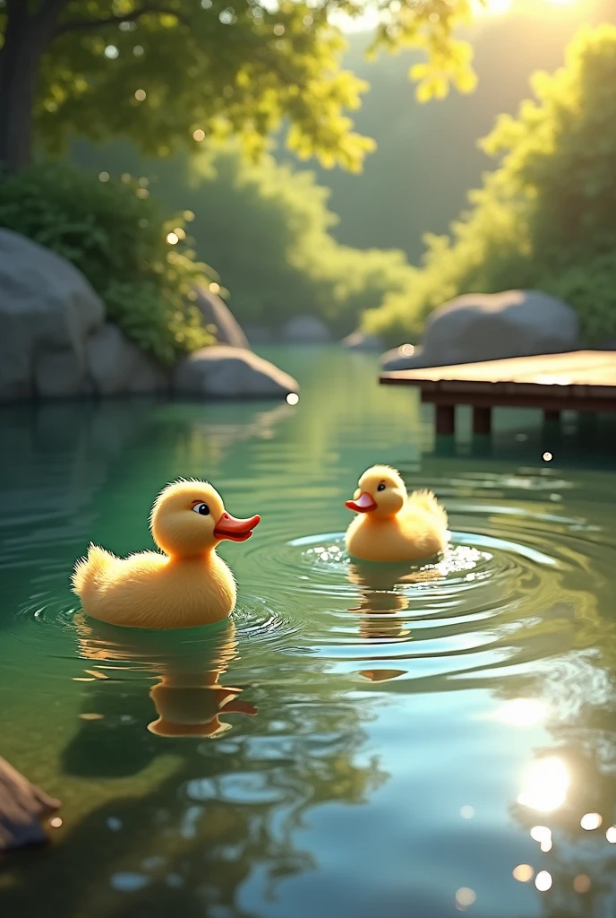 Give a realistic picture of a sunlit pond, ducks paddle contentedly across the shimmering water. A small wooden deck extends over the pond, its surface basking in the bright sunlight. The light creates a dappled effect on the water’s surface, highlighting the ducks' playful movements and adding a touch of warmth to the serene, picturesque scene.
