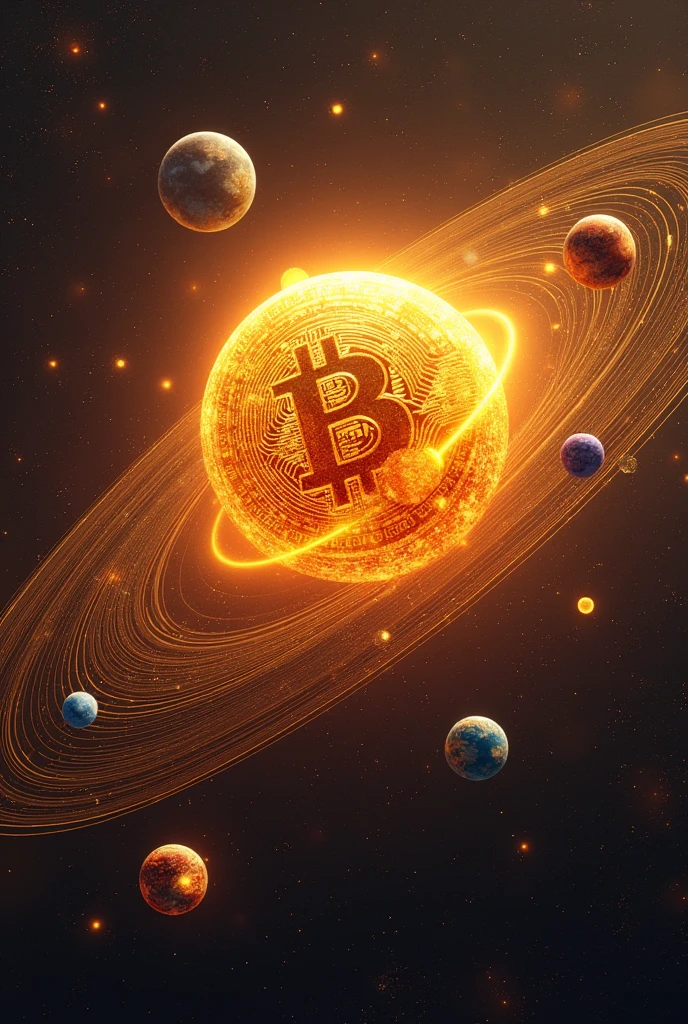 Create a solar system but the sun is the cryptocurrency bitcoin



