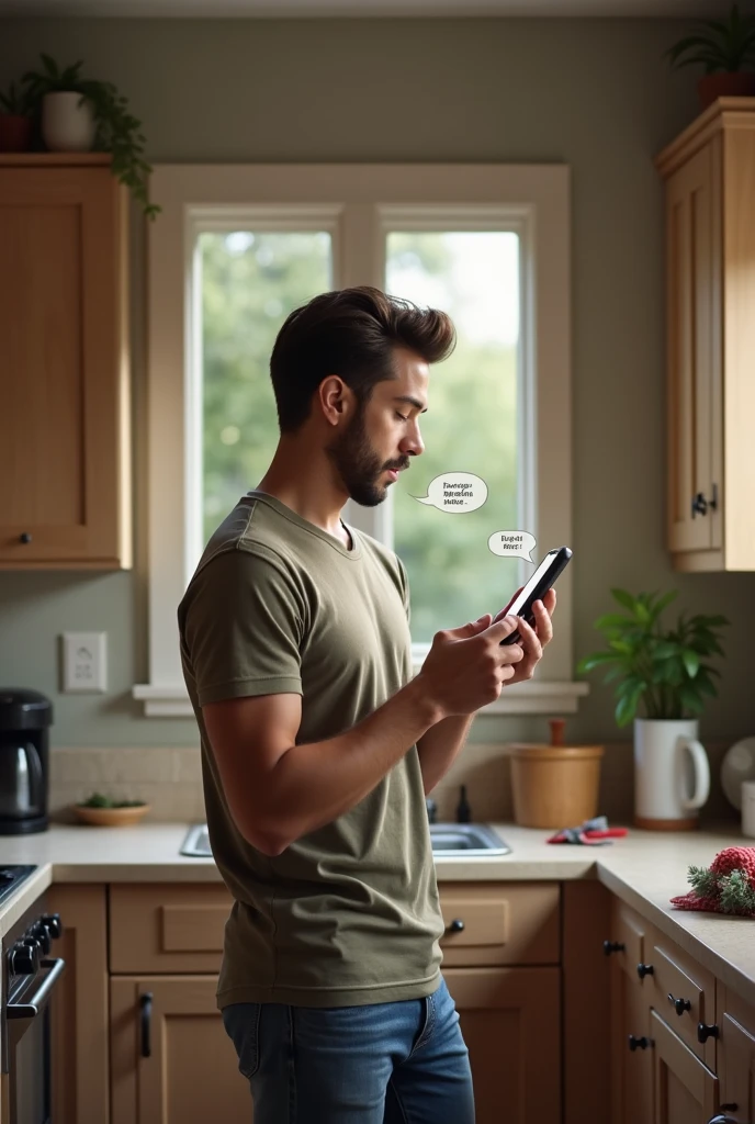 A man talking to his phone while and doing household chores and the phone translating what he say into a messages