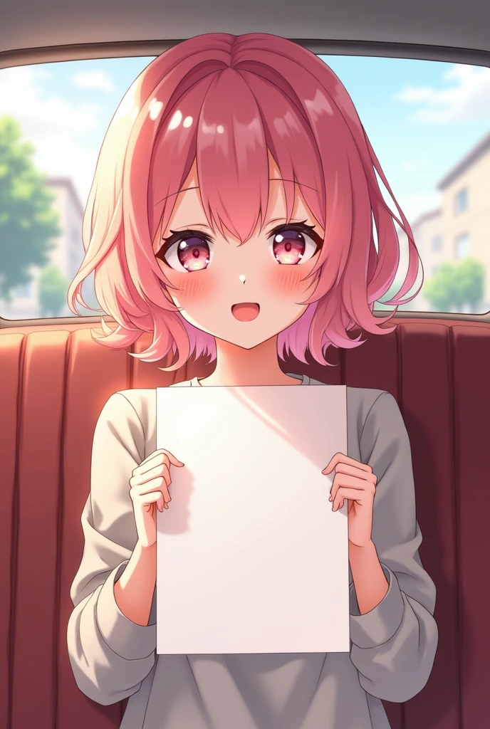 square image size, anime, digital drawing, pretty girl, happy, tender gestures, White skin color, pink hair, works in taxi, He is holding a blank sign