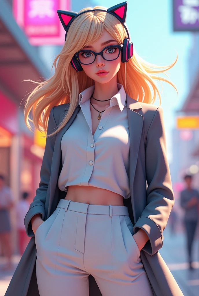 Female character with blonde hair white pants a white blouse a grey coat black glasses dark pink kitty headphones Roblox