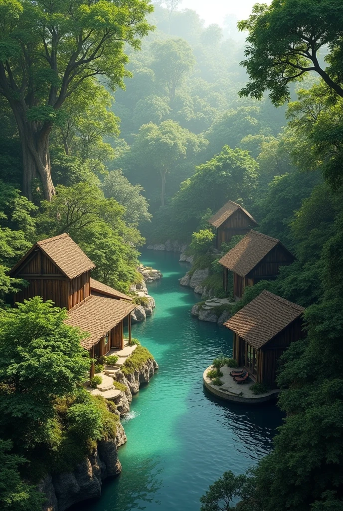village in the middle of a realistic forest of trees. with many trees around. houses with private pool