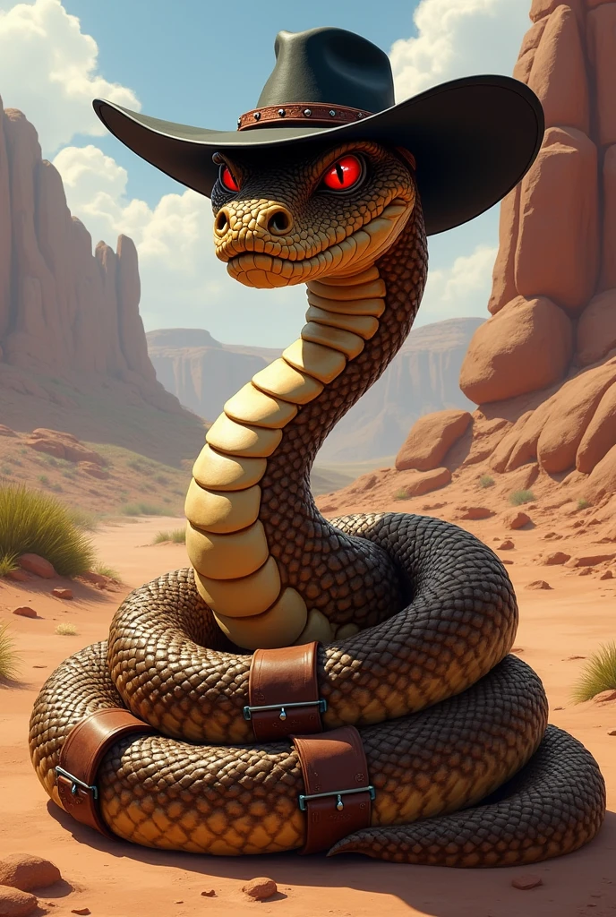 A brown rattlesnake wearing a black hat, wrapped in ammunition holsters. He's a little coiled and ready to strike. Use Jake Rattlesnake from the animated film Rango as a reference. I'd like the art in a fantasy RPG style, set in the old west. Mature.