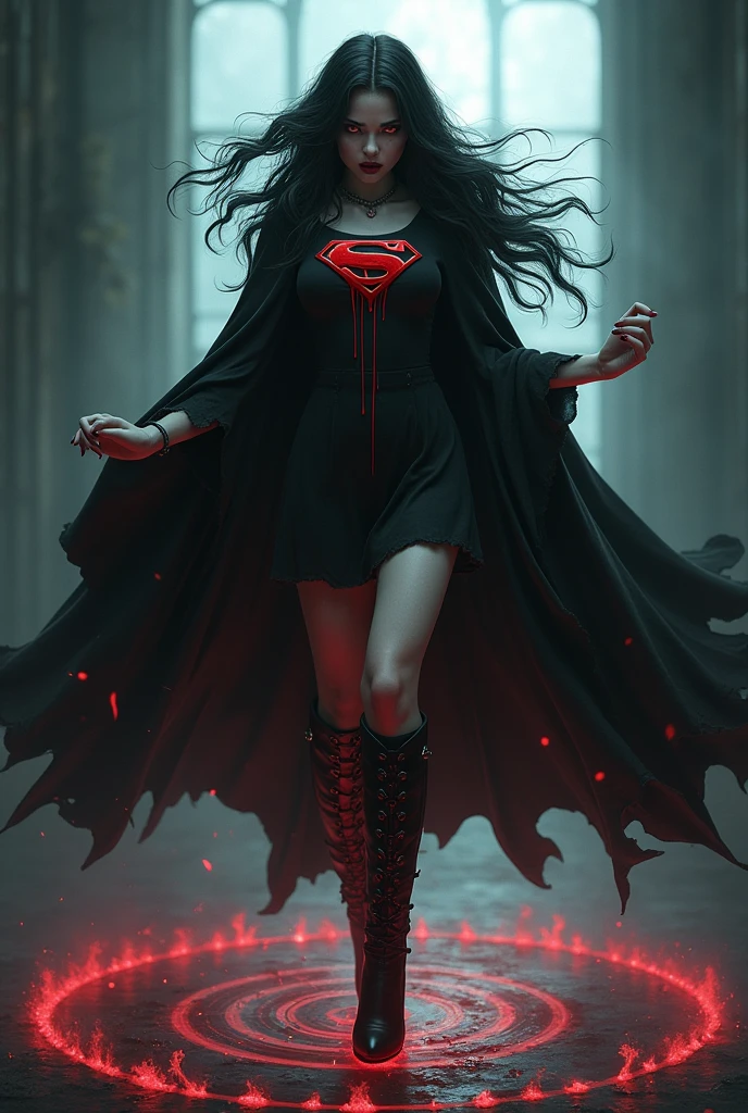 HYPER REALISTIC. A GOTHIC FEMALE WITH LONG BLACK HAIR, RED VAMPIRE EYES, LONG VAMPIRE FANGS SHOWING, WEARING A BLACK MAGE COSTUME AND CAPE, GOTHIC BOOTS, AND A BLEEDING "Superman" EMBLEM ON HER CHEST. STRUGGLING TO KEEP FROM RAGING OUT AND BECOMING MASSIVELY MUSCULAR AS A GIANT SWIRLING 3D RIFT OPENS BENEATH HER FEET. BLACK ACRANE BACKGROUND