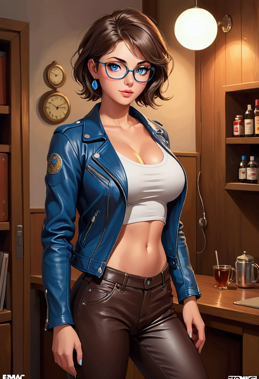20 years old woman, Short brown hair, Méditerranéenne aux blue eye, Generous and heavy breasts, slender waist, estomac defini, fesses rebondies et pulpeuses, naturally curved, muscular thighs, aguicheuse, dans une boîte de nuit, en pantalon cuir et tee shirt , leather jacket, lunettes , earrings, blue eye,