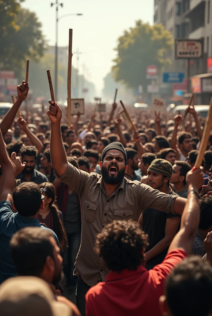 super angry people protesting against the government in india
with posters and sticks in front of police