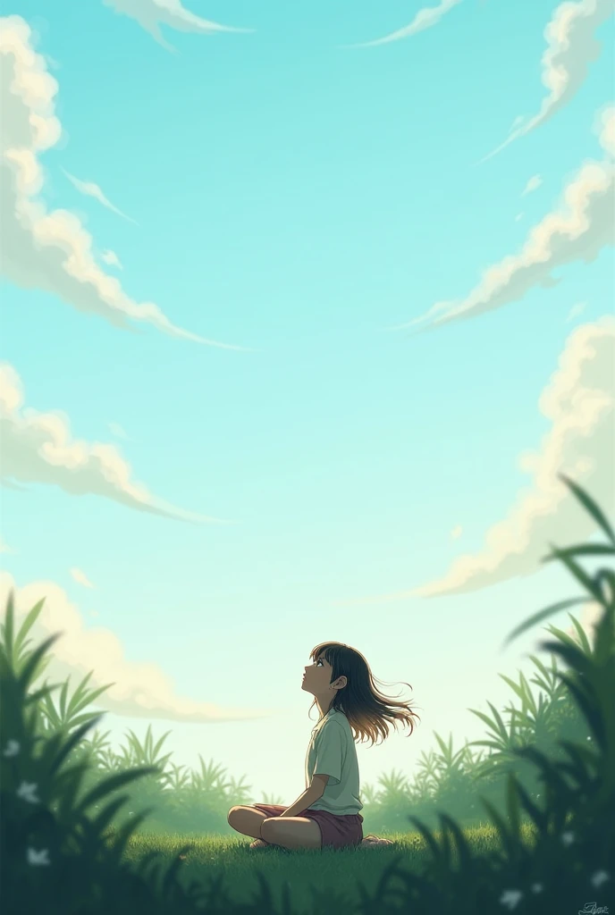 A girl is sitting under the open sky, her hair is flowing and she is looking at the sky