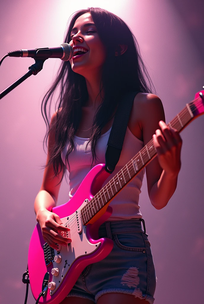 One with black hair and singing with a pink guitar