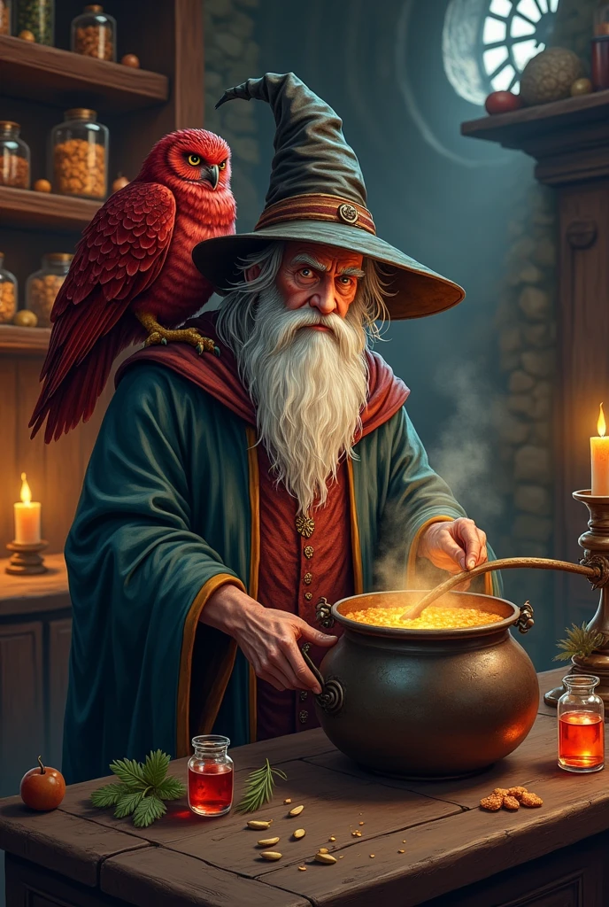 Un viel homme ressemblant à Harry Potter fait des potions avec une chouette rouge sur l’épaule