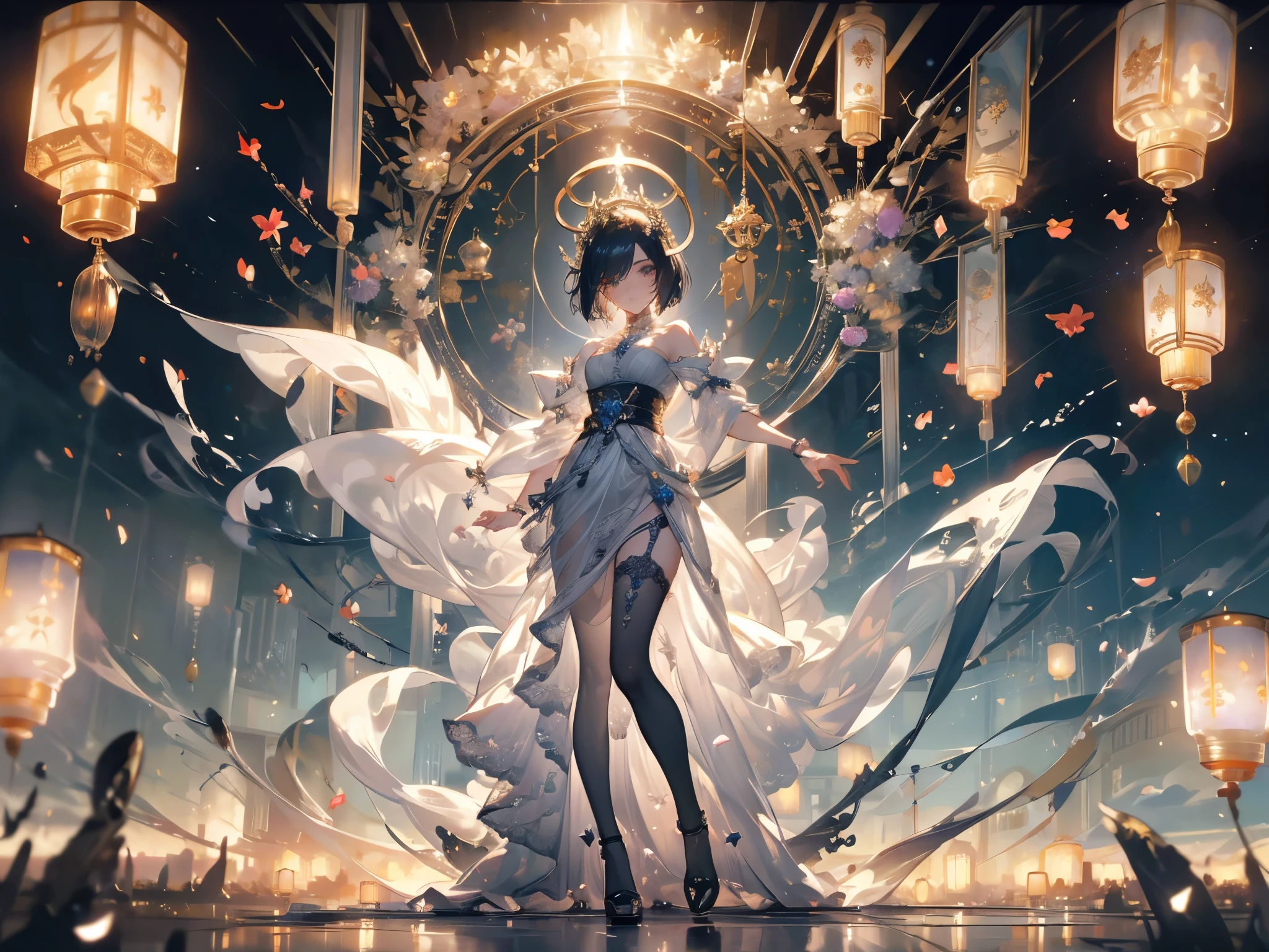 ((masterpiece, best quality)), Epic battlefield atmosphere，Angel，Royal sister，Halo，A display of fireworks and a sea of lanterns，Silver Bell Ice Heart，Magician，Petals falling，A meticulous face，Standing image，Perfect body proportions，Long legs，Stylish short hair，beautiful eyes，Fantasy style，White background，transparent，Sexy，Lace，Garter stockings