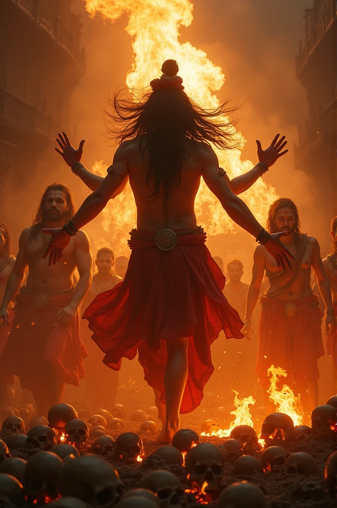 generate a horrific picture of lord shiva in crematorium with skulls and his followers dancing