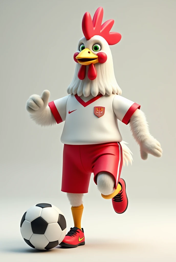 realistic image of a 3D chicken mascot wearing a white and red Indonesian football costume, soccer shoes ('nike') with a body standing on two legs, one leg kicks and while catching the ball, make it as funny and simple as possible, make him smile, and has white and dark green colors