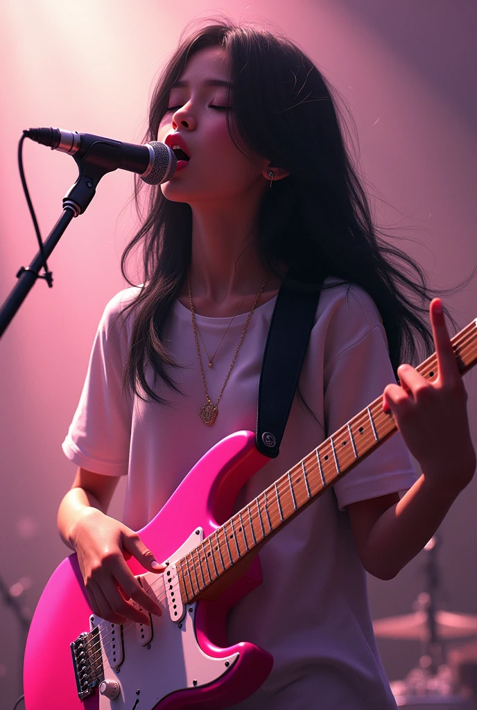 One with black hair and singing with a pink guitar