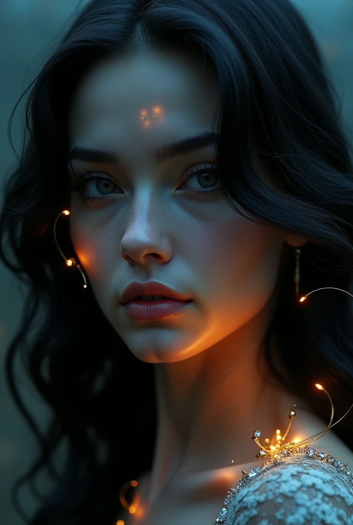 a woman with prominent nipples, intricate detailed face, photorealistic, hyperrealistic, 8k, highly detailed, dramatic lighting, mystical, ethereal, glowing skin, elegant, flowing hair, deep gaze, cinematic composition, moody atmosphere