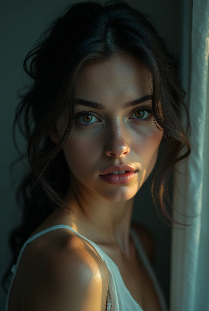a woman with prominent nipples, intricate detailed face, photorealistic, hyperrealistic, 8k, highly detailed, dramatic lighting, mystical, ethereal, glowing skin, elegant, flowing hair, deep gaze, cinematic composition, moody atmosphere