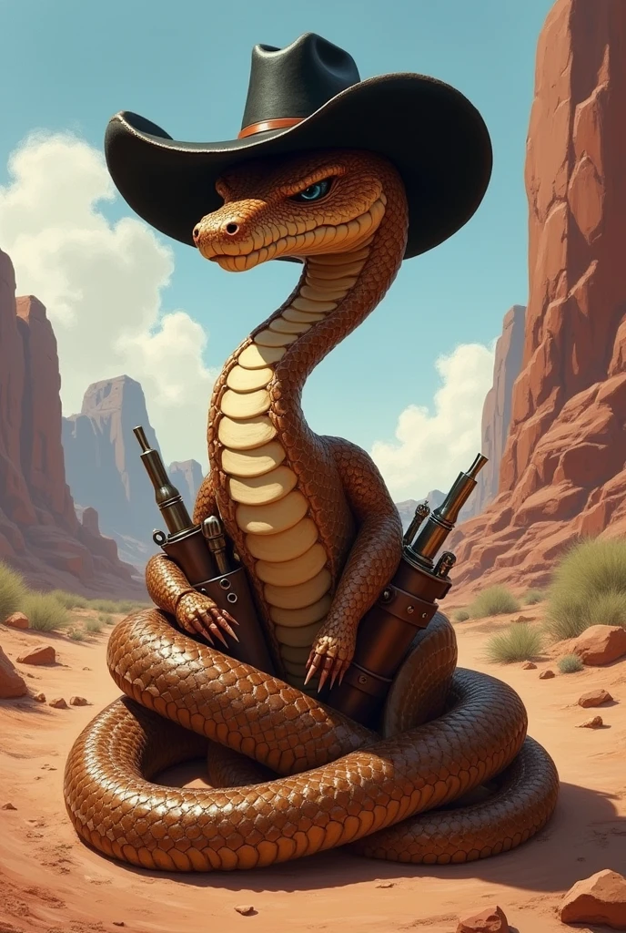 A brown rattlesnake wearing a black hat, wrapped in ammunition holsters. He's a little coiled and ready to strike. Use Jake Rattlesnake from the animated film Rango as a reference. I'd like the art in a fantasy RPG style, set in the old west. Mature.