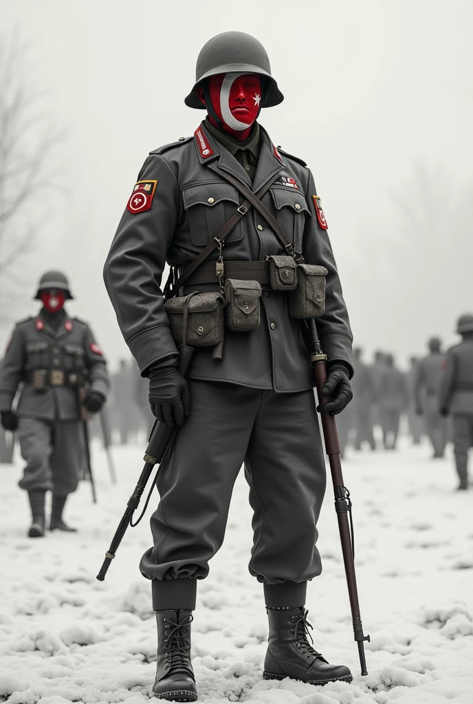 A Countryhuman style face with the flag of the Azerbaijan Legion, founded in Germany during the Second World War and the body fights against the Soviets Countryhuman on a snowy front
Year: 1943
Photo type: black and white and world war 2 version 
Body: Countryhuman Version 
Photo version: 2D