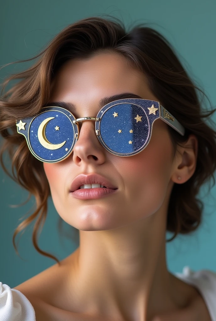 The model is wearing glass sunglasses with stars and the moon on the glass