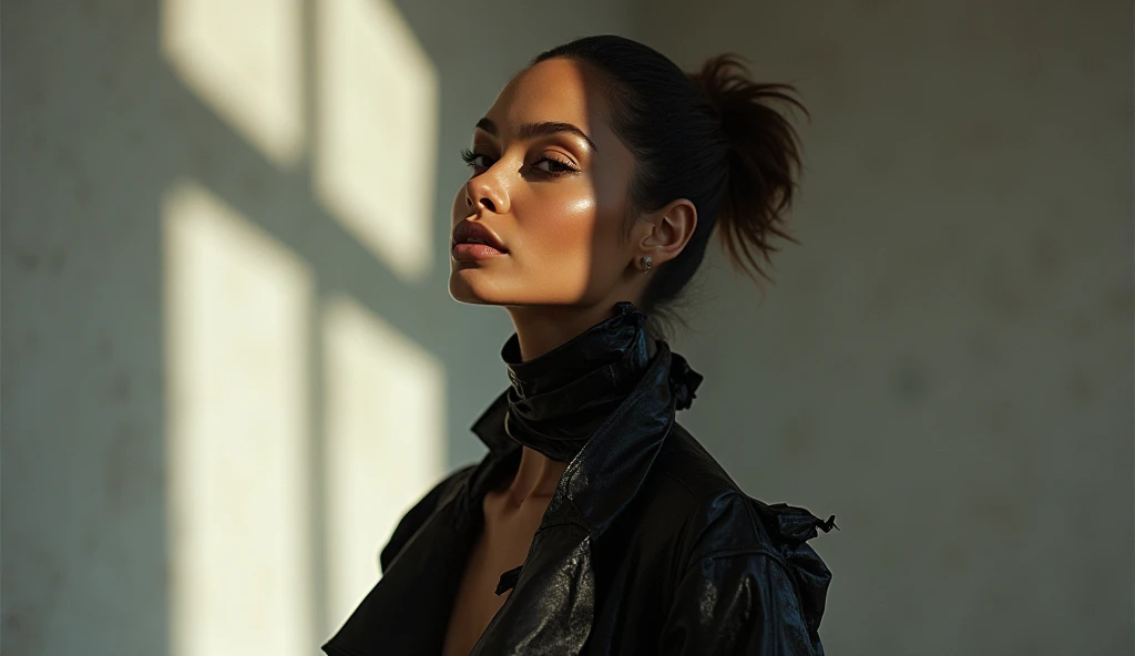 Create an avant-garde fashion scene featuring a model with African descent, but with the features of Angelina Jolie. The model is dressed in an experimental, artistic outfit that defies conventional fashion norms, showcasing bold, non-traditional materials and striking, asymmetrical designs. The setting is an abstract, minimalist environment with sharp contrasts and dramatic lighting, emphasizing the uniqueness of the attire. The composition should capture the model's entire body, ensuring that she is fully visible within the 16x9 frame, from head to toe, maintaining her elegance, confidence, and sophisticated presence.
Filmed on ARRI ALEXA 65, Bokeh, sharp focus on the subject, shot by Don McCullin. The atmosphere should exude a sense of artistic expression, with the model embodying the essence of avant-garde fashion—daring, bold, and cutting-edge.
Keywords: beauty, model, elegance, glamour, fashion, stunning, radiant, chic, graceful, confident, striking, flawless, alluring, photogenic, sophisticated, enchanting, captivating, charismatic, runway, editorial, beauty standards, artistic, style, aesthetic, personality, portrait, beauty photography, professional model, fashionista, trendsetter."