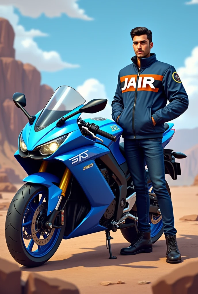 Blue all terrain motorcycle and the owner standing next to it with a jacket that has the name JAIR on it, more animated image with the name jair bigger