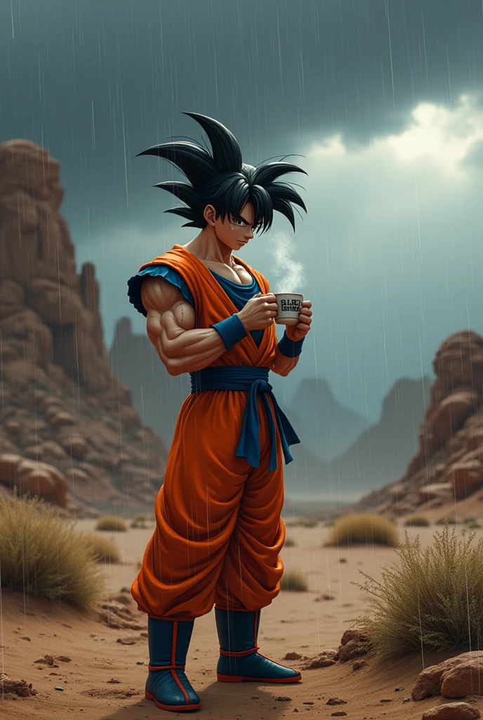 goku making coffee in the desert in a rainy day weather