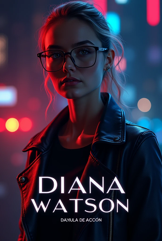 Create a Facebook profile picture with a sleek, futuristic, and elegant design. The image should prominently feature the name 'Diana Watson' alongside the text 'Pelicula de Acción' in a modern, stylish font. Use contrasting colors to make the design stand out while maintaining a sophisticated and dynamic aesthetic. Ensure the profile picture is visually striking yet professional, and clearly recognizable even at the smaller size typically used for Facebook profile pictures (170 x 170 pixels)."

