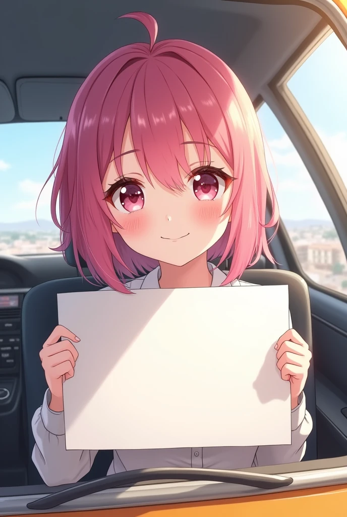 square image size, anime, digital drawing, pretty girl, happy, tender gestures, White skin color, pink hair, She works in a taxi and behind her there is a taxi, He is holding a blank sign