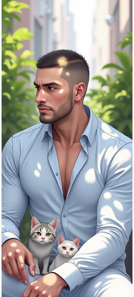 (absurdres, highres, ultra detailed), 1 male, handsome, tall muscular guy, very short hair, best ratio four finger and one thumb, best light and shadow, background is back alley, detasiled sunlight, sitting, Little cats are gathered next to him, dappled sunlight, day, depth of field, plants, summer, (dutch angle), closed mouth