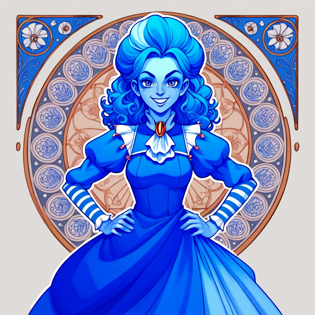 black and white, line art, art nouveau, frankelda, 1girl, solo, dress, striped, blue hair, puffy sleeves, colored skin, freckles, evil smile, look at viewer, hands on hips, half body view