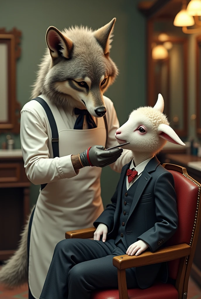 Wolf barber shop shaving a little lamb wearing a real suit with scissors, high definition details, full picture like real life