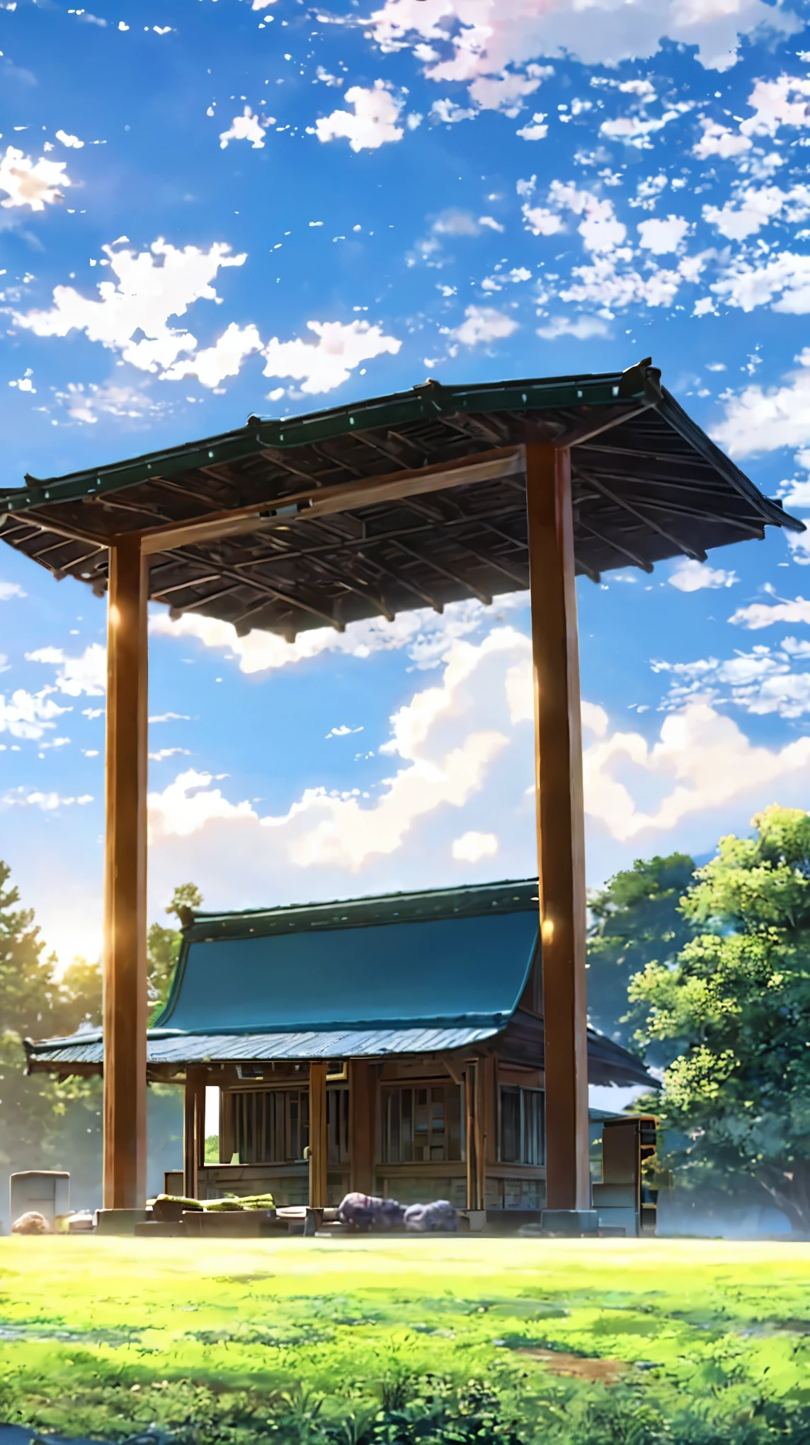 Beautiful scenery, grass field, Shrine from a distance, beautiful cloudy sky