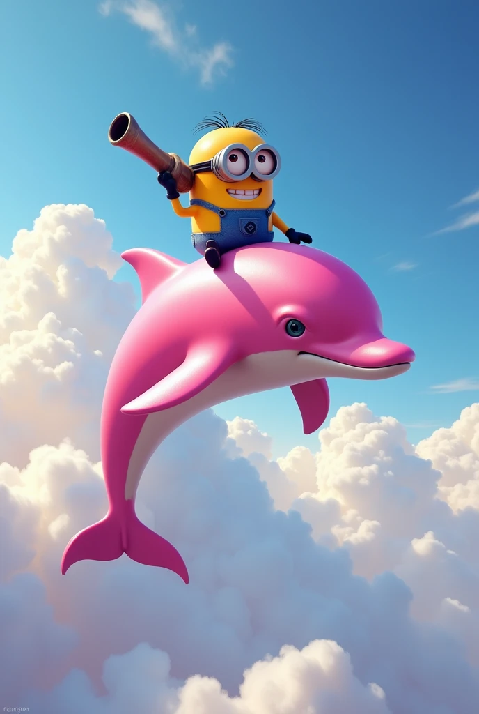 Pink dolphin flying in the sky with a Minion on top of it with a cannon