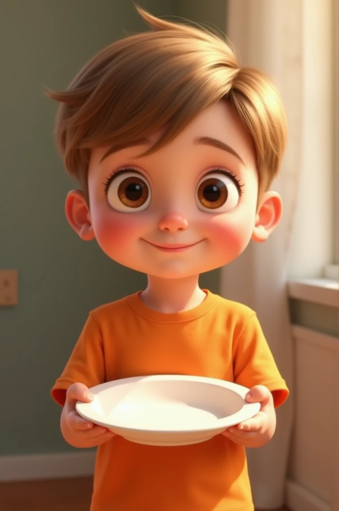 child holding a white plate.Dark blonde hair color. Social haircut combed to the side. honey-colored eyes ,Wearing an orange t-shirt. Pixar-style