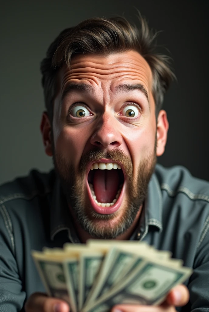 Generate a men realisticimage with lots for money in his right hand and shocking reaction