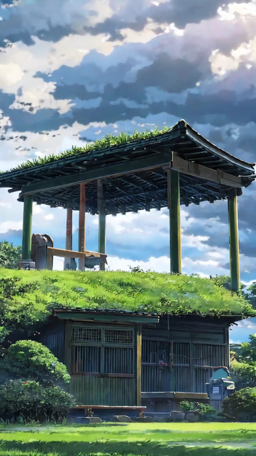 Beautiful scenery, grass field, Shrine from a distance, beautiful cloudy sky