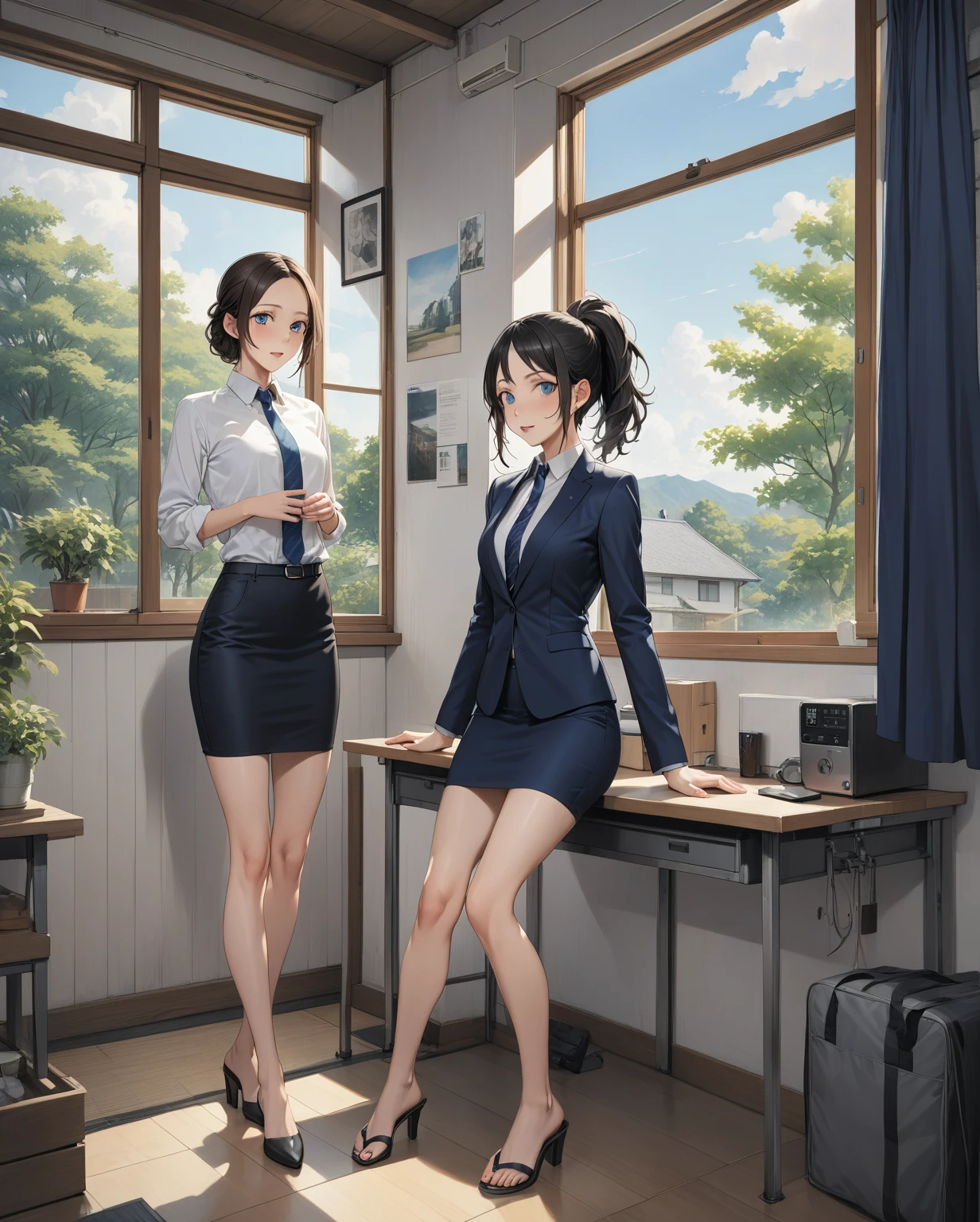 realistic anime illustration of 2 young women is in front of their school, they has a black ponytail (forehead) and wear navy-blue blazer outer, white shirt with navy-blue necktie, navy-blue pencil skirt, (2girls, full body), (masterpiece, best quality, Japanese anime style), (expressive eyes, perfect face, perfect anatomy)