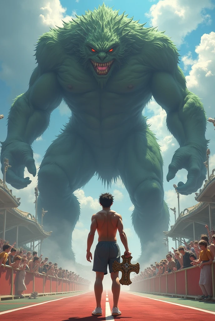 A magician in shorts with a huge cross stands at the finish line in front of huge anime-style monsters