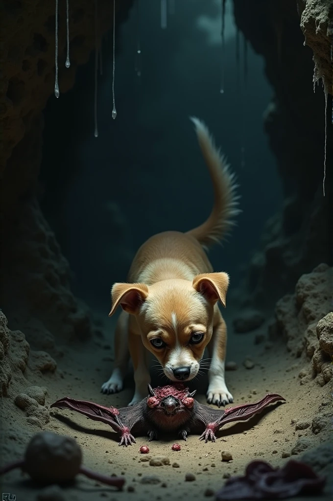Small dog eating a dead bat in a cave