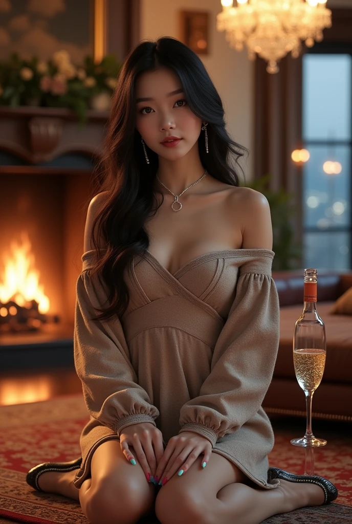 a 20-year-old charming Korean woman, very well-proportioned figure, tall, snow-white fair skin, airy curled long hair, a luxury mansion, carpet, fireplace, sitting on the carpet, off-the-shoulder woolen dress, transparent tights with prints, 5-inch pointed-toe stiletto high - heel shoes, colorful nail polish, charming silver accessories, gray pupils, a champagne bottle in an ice bucket, a crystal goblet with bubbling champagne inside, warm natural lighting, night view outside, floor-to-ceiling window, chandelier, full-body, realistic