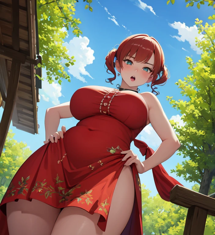 
(Highest quality，32K High Resolution，masterpiece:1.2), Very detailed，(expensive_beautiful:1.2), (Kiptei Tei:0.5), (One ， alone), Very short stature，blue sky, Outdoor, Are standing, Cowboy Shot, (Redhead), Green Eyes, Short bangs, Short Twin Tails, Medium Hair, (Plump:1.15), thick texpensives, (Wide Hips), hourglass_shape, (Huge breasts:1.2), (Covered navel), Sundress, (Floral print), Earrings, Hands on hips, lips, Mouth closed, (From below)