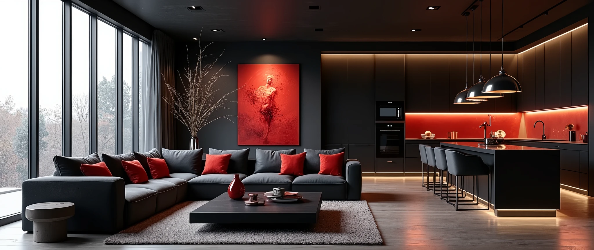 Create a realistic render of a modern and luxurious living space with an industrial and minimalist design, set on a single floor. The room features large floor-to-ceiling windows on one side, allowing natural light to softly illuminate the space. A spacious, plush sectional sofa in a dark, muted tone is positioned centrally, surrounded by modern décor elements. Above the sofa, a series of sleek, metallic pendant lights with reflective surfaces hang down, adding an element of sophistication.

The living area is complemented by a large, dark coffee table placed on a soft, neutral-toned rug that ties the space together. Subtle red accents are introduced through decorative pillows on the sofa, a small red vase on the coffee table, and a modern piece of art with hints of red hanging on the wall. These touches of red add vibrancy and contrast to the otherwise monochromatic color scheme.

The background features a dramatic piece of modern art that brings depth to the room. On the right side, the space seamlessly transitions into a modern kitchen area with a clean, streamlined design. The kitchen is equipped with minimalist cabinetry, a sleek countertop, and subtle lighting that enhances the warm, cozy atmosphere.

The overall color scheme is dominated by dark and neutral tones, with carefully placed lighting to create a dramatic yet inviting ambiance. The red accents add a bold and energetic contrast, making the space visually striking while maintaining its elegance and sophistication."