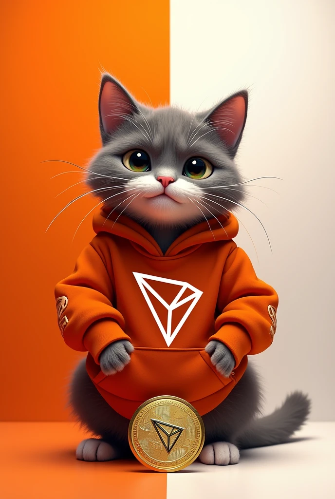 Cat name is suya it's name logo should be there and car body colour is orange and white and it's playing with tron coin make it thug life
